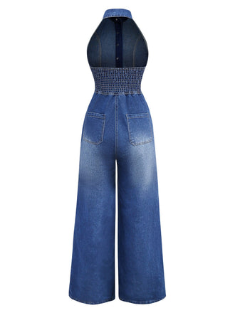 Combinaison en jean bleu à revers sans manches et jambe large des années 1930