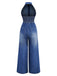Combinaison en jean bleu à revers sans manches et jambe large des années 1930