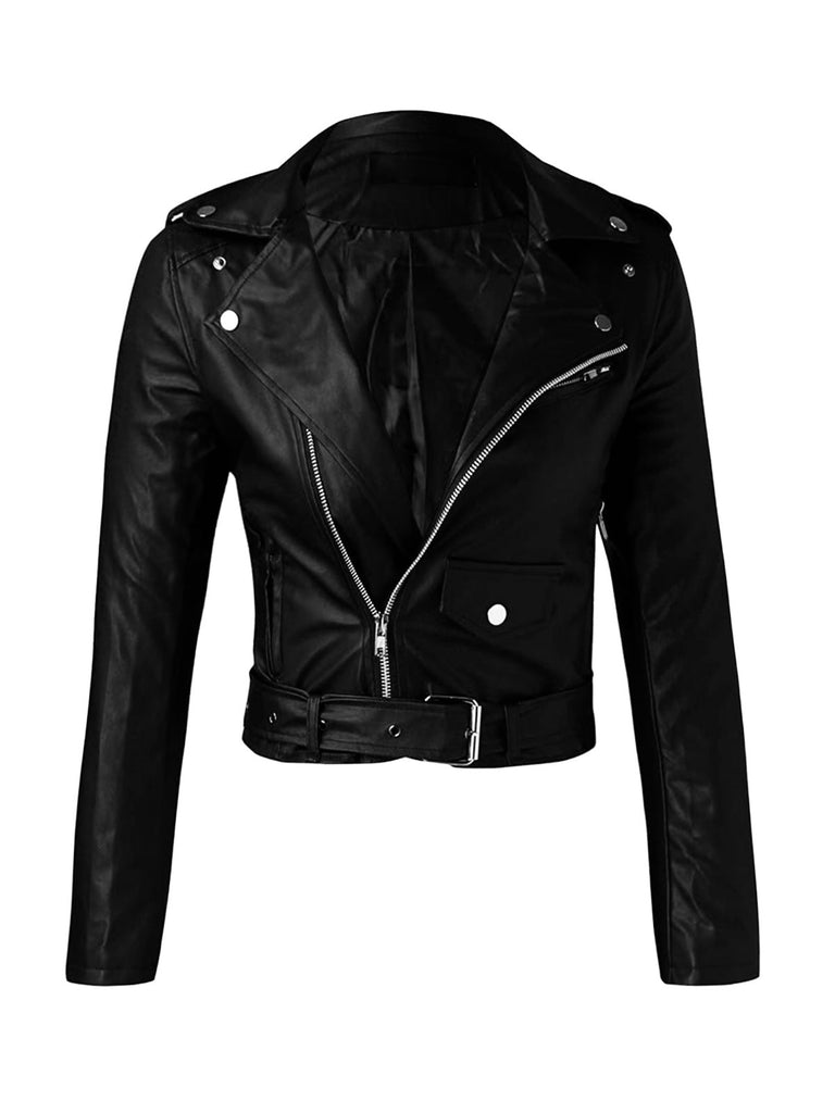 Veste courte en cuir à revers et fermeture éclair des années 1980