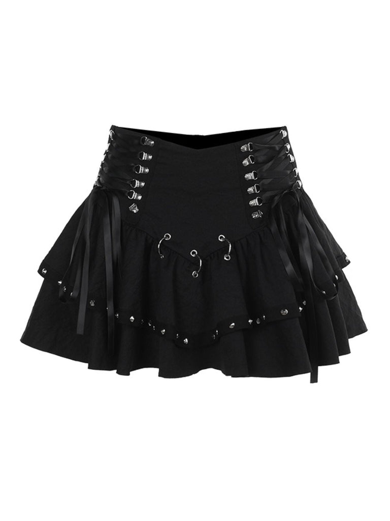 Jupe noire à lacets et boutons en métal punk des années 1980