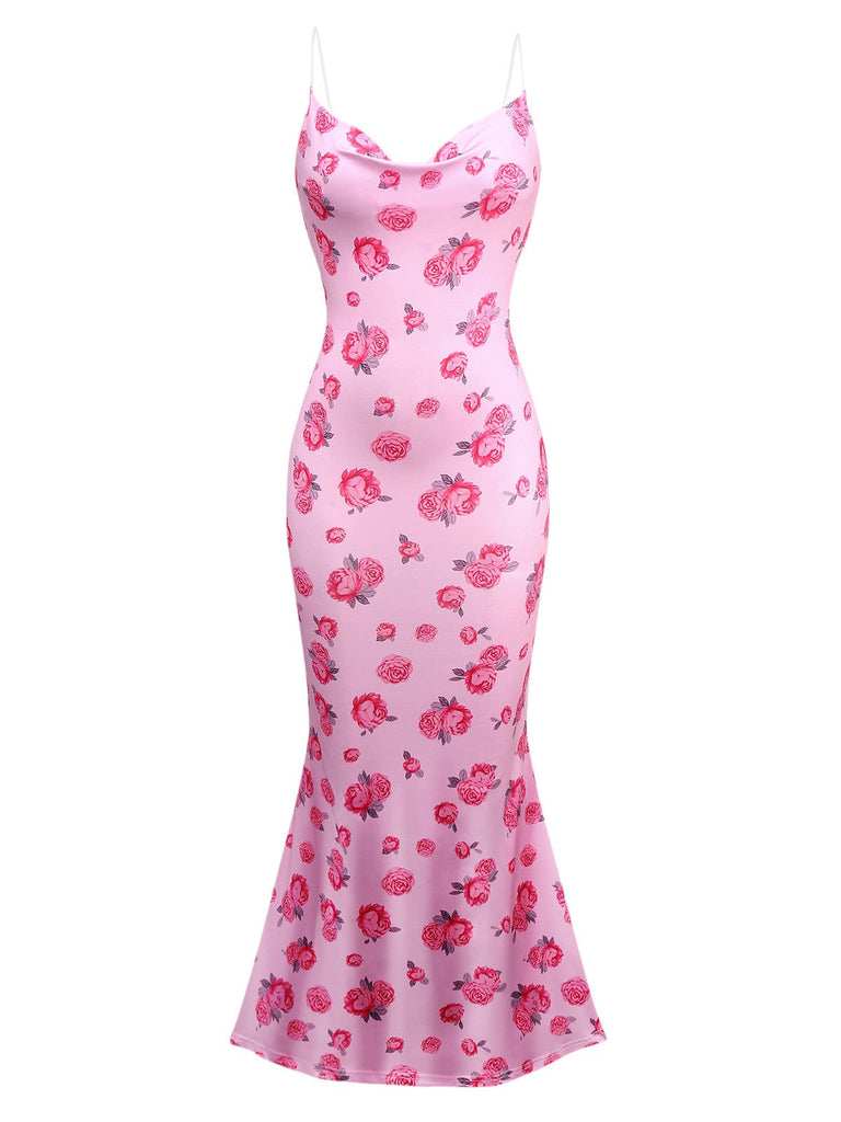 Robe queue de poisson à col bénitier rose années 1930