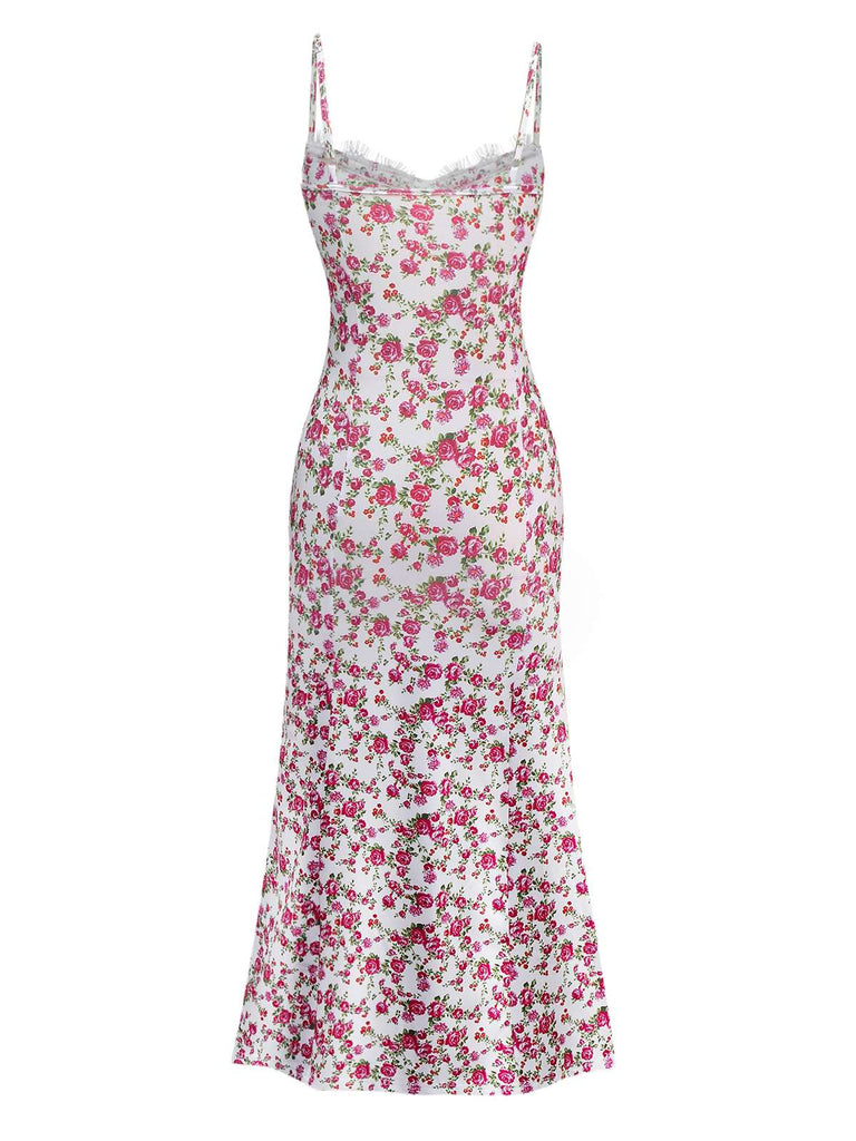 Robe blanche à petites fleurs nuisette fenduedes années 1940