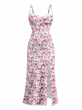 Robe blanche à petites fleurs nuisette fenduedes années 1940