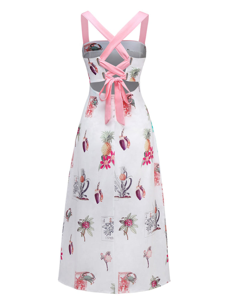 Robe rose à bretelles lacets dans le dos imprimé tropical années 1960