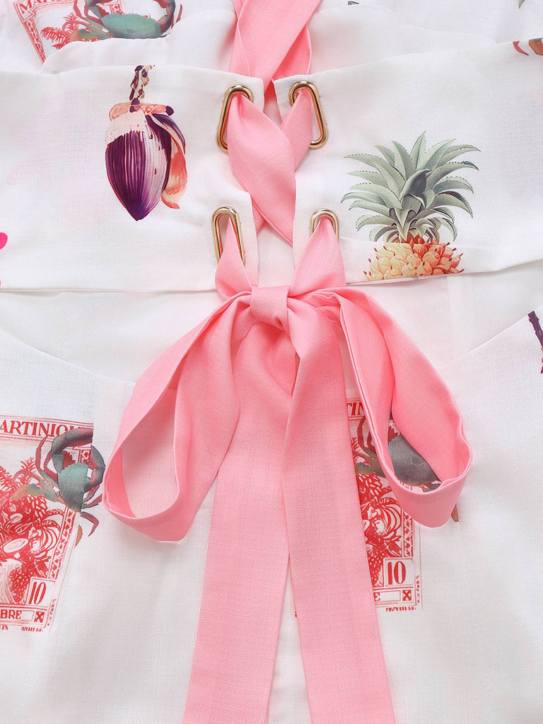 Robe rose à bretelles lacets dans le dos imprimé tropical années 1960
