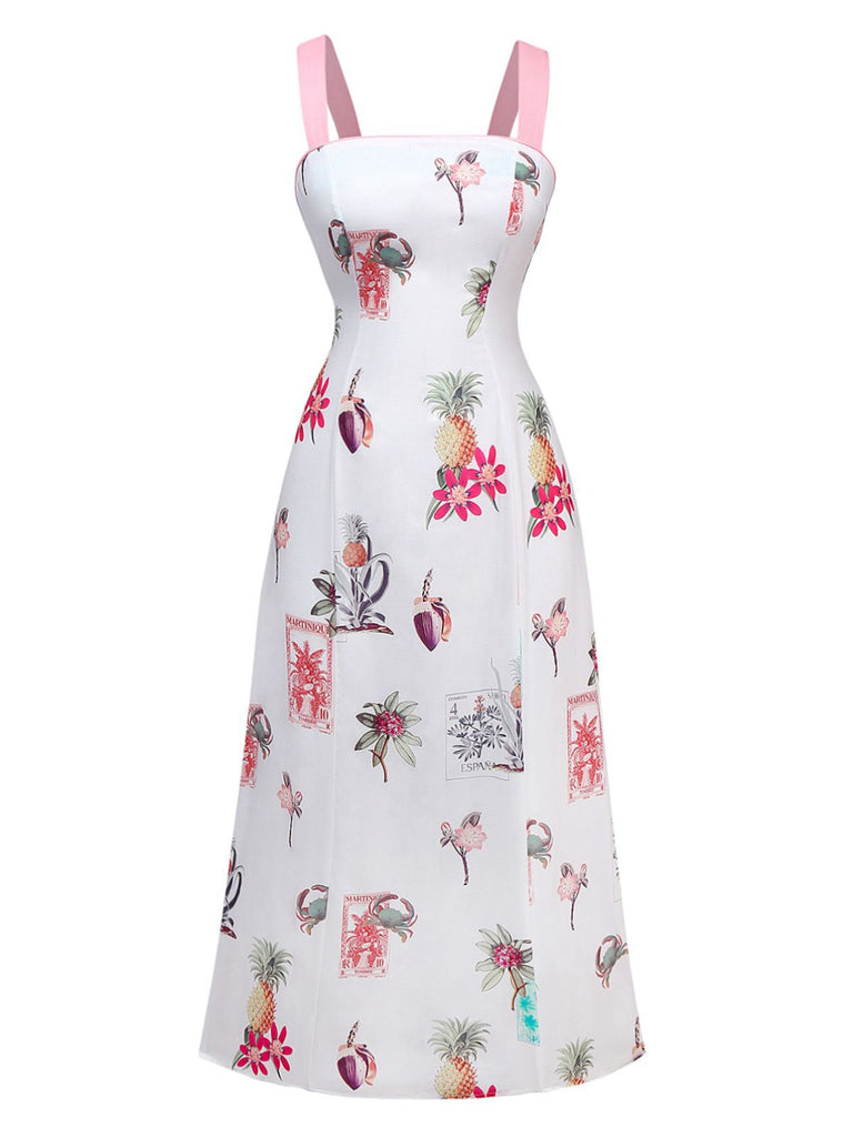 Robe rose à bretelles lacets dans le dos imprimé tropical années 1960