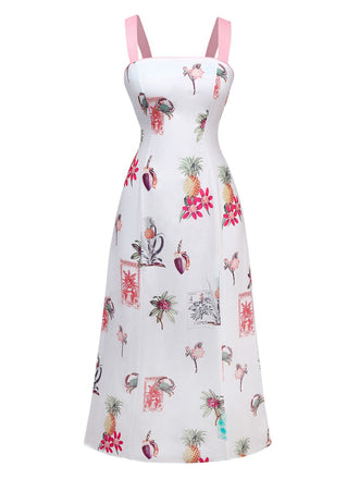 Robe rose à bretelles lacets dans le dos imprimé tropical années 1960