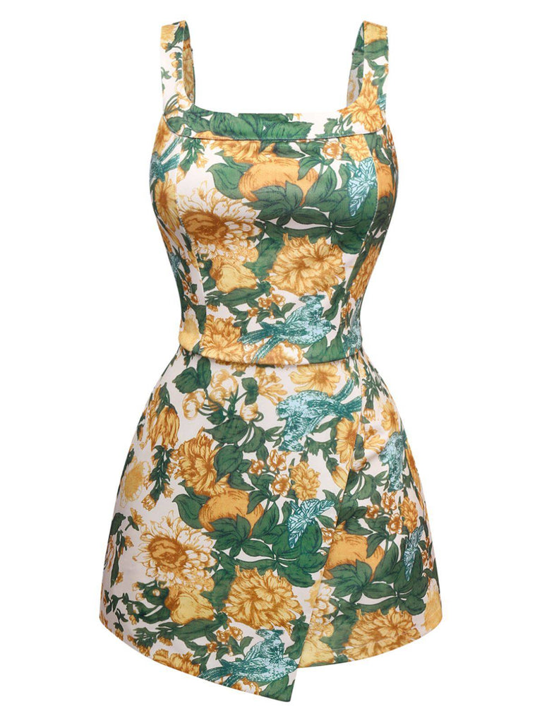 2PCS Haut à larges bretelles et mini-jupe jaune fleurs années 1950