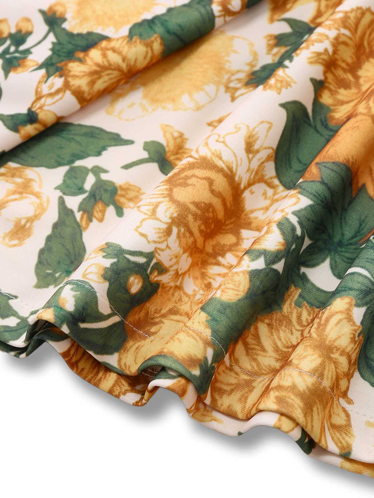 2PCS Haut à larges bretelles et mini-jupe jaune fleurs années 1950