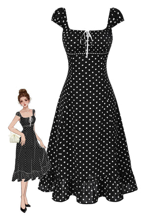Robe à volants et col carré à pois noir années 1940