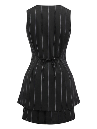 2PCS Costume sans manches avec jupe crayon noire à rayures fines des années 1960