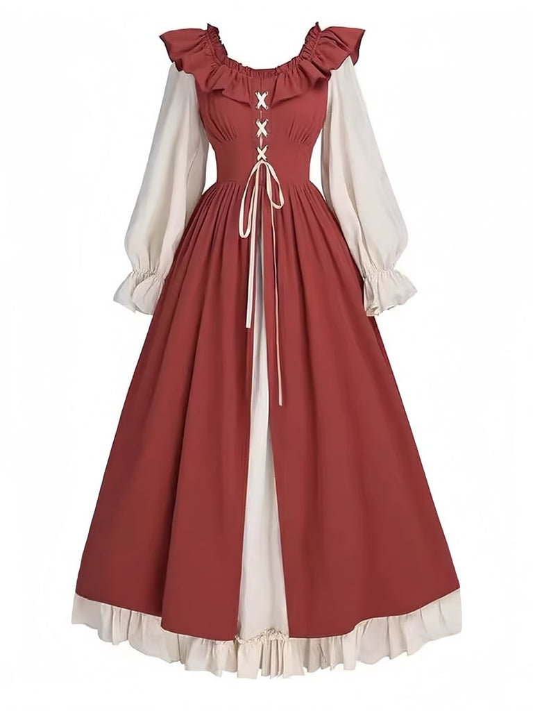Robe Renaissance à lacets et volants colorblock des années 1930