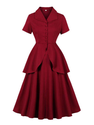 2PCS Haut et jupe boutonnés à volants rouges années 1950