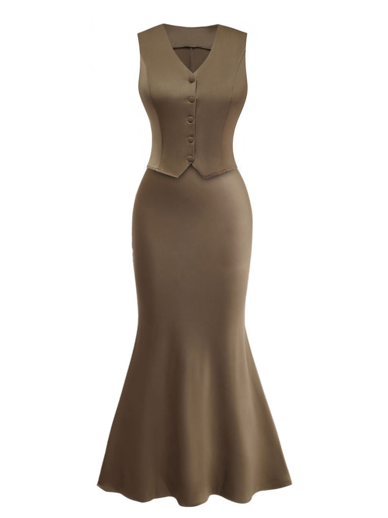 2PCS Gilet col V et jupe sirène en satin marron uni des années 1930