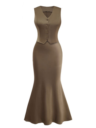 2PCS Gilet col V et jupe sirène en satin marron uni des années 1930
