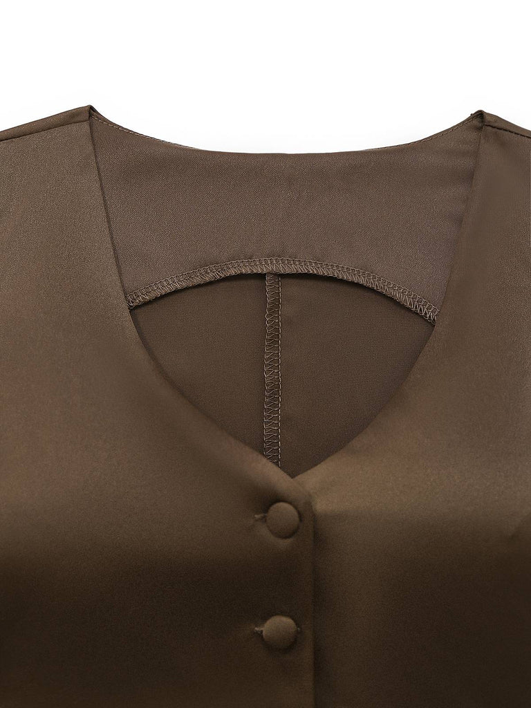 2PCS Gilet col V et jupe sirène en satin marron uni des années 1930