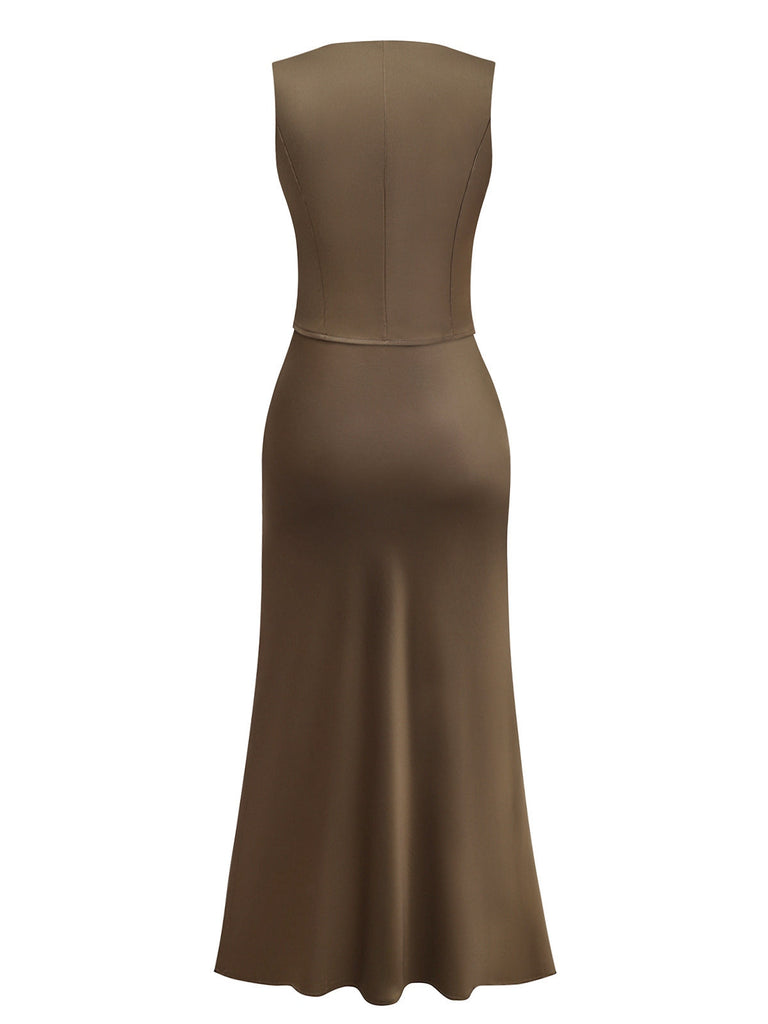 2PCS Gilet col V et jupe sirène en satin marron uni des années 1930