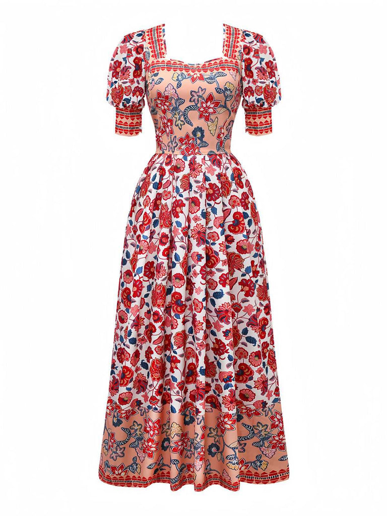 2PCS Haut manches lanternes et jupe froncée imprimé floral rouge des années 1930