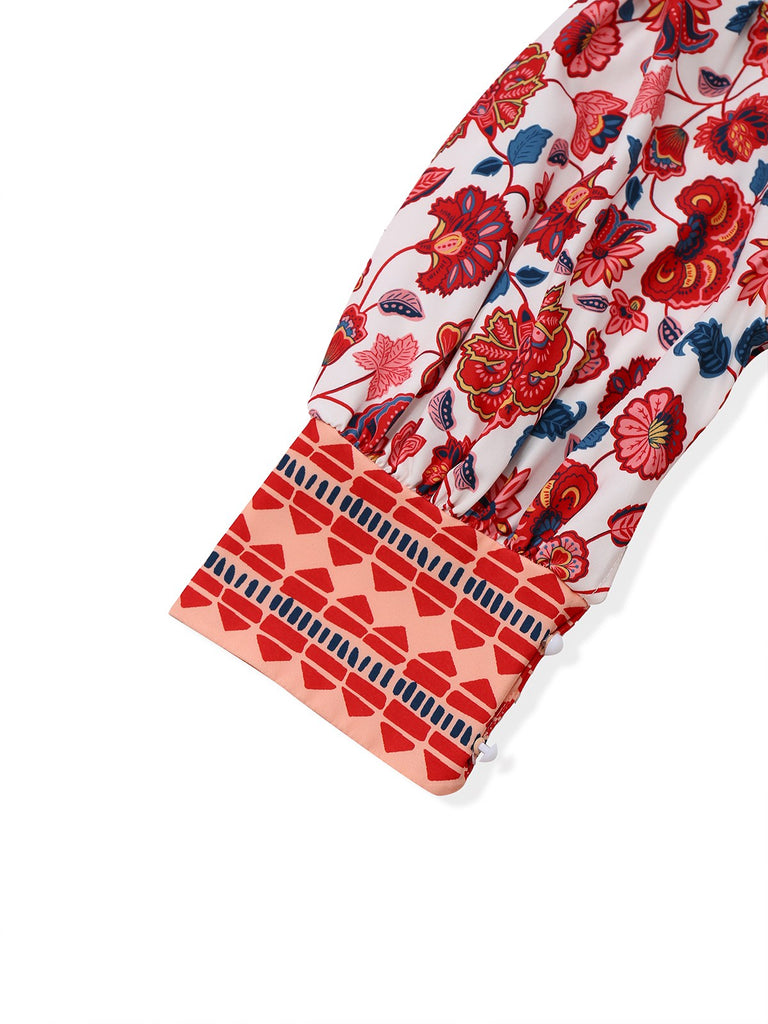 2PCS Haut manches lanternes et jupe froncée imprimé floral rouge des années 1930