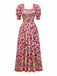 2PCS Haut manches lanternes et jupe froncée imprimé floral rouge des années 1930