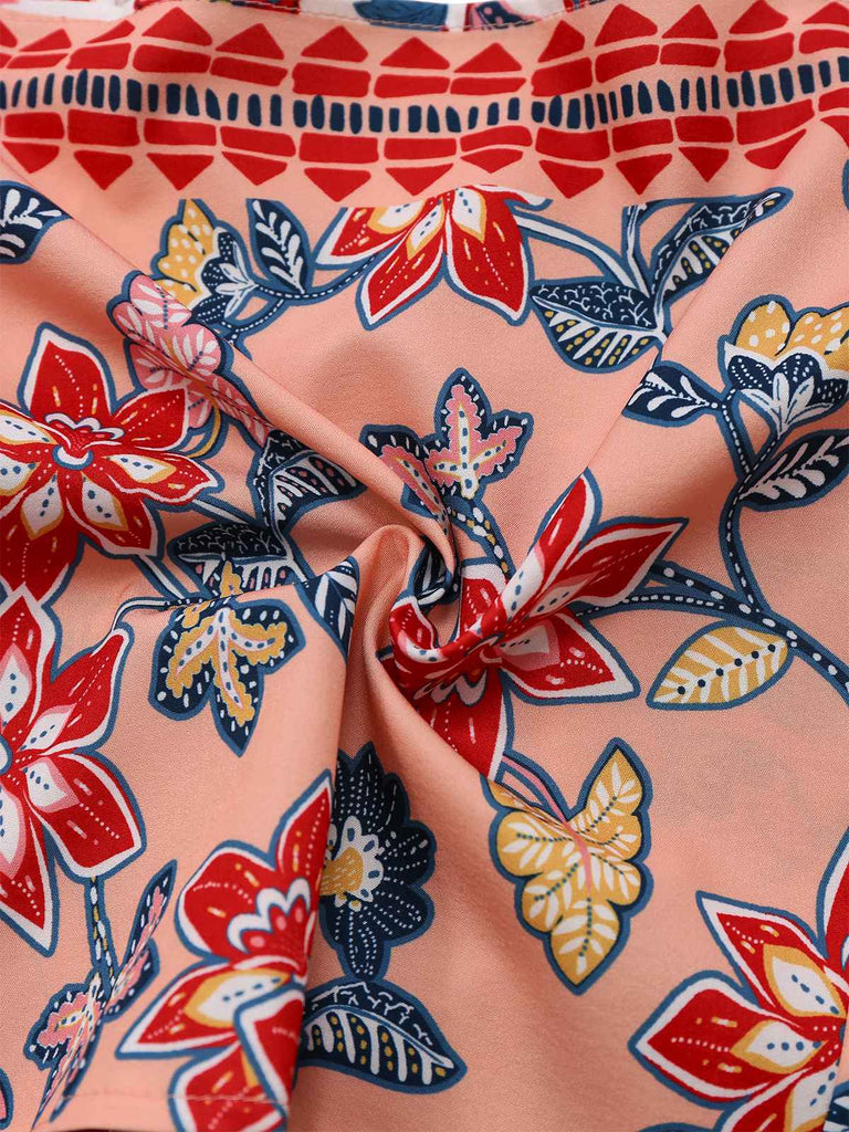 2PCS Haut manches lanternes et jupe froncée imprimé floral rouge des années 1930