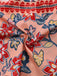 2PCS Haut manches lanternes et jupe froncée imprimé floral rouge des années 1930