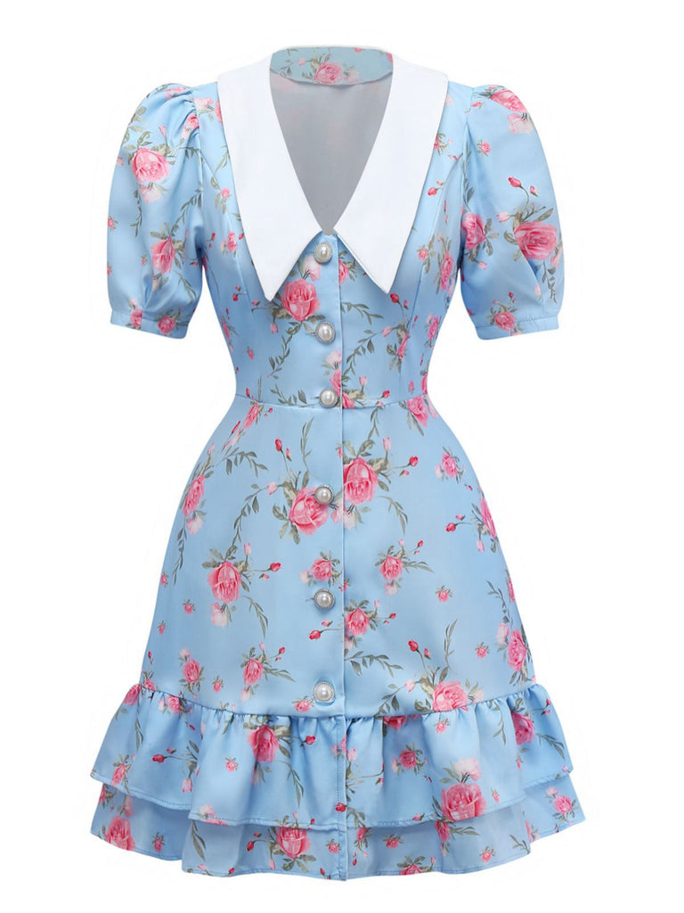 Robe roses courte manches bouffantes col chelsea des années 1960