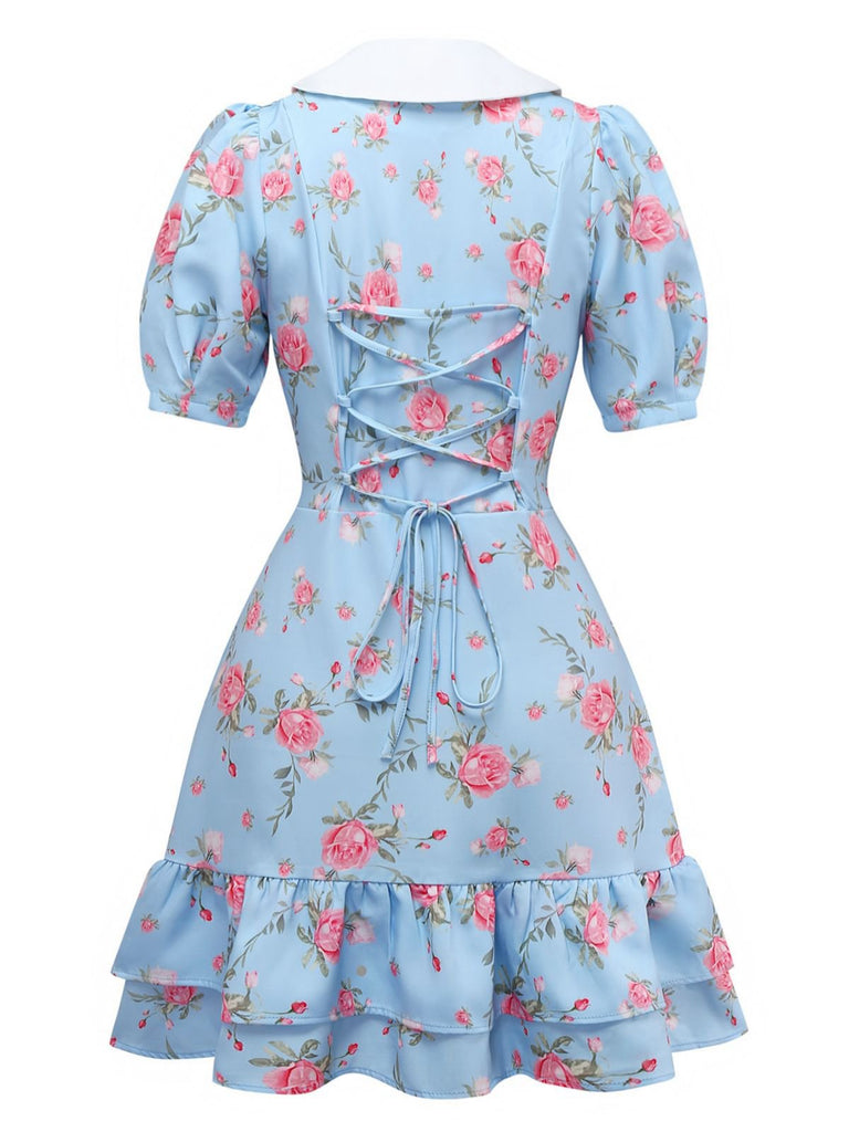 Robe roses courte manches bouffantes col chelsea des années 1960