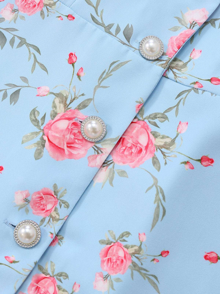 Robe roses courte manches bouffantes col chelsea des années 1960