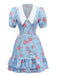 Robe roses courte manches bouffantes col chelsea des années 1960