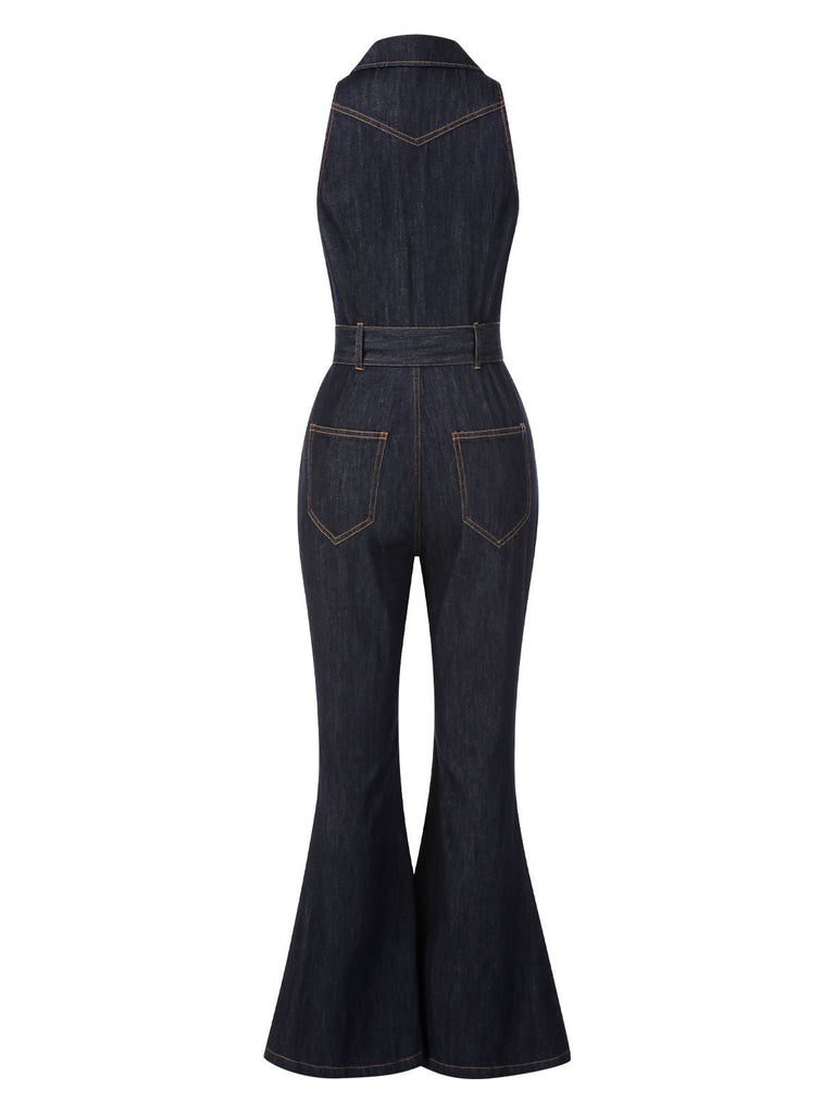 Combinaison bleue évasée en jean avec col années 1970