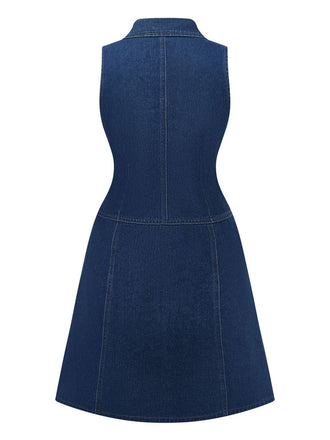 Robe en denim sans manches boutonnée bleu foncé des années 1970
