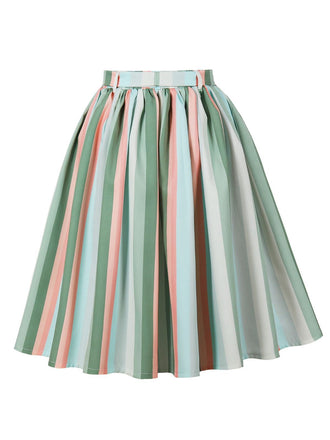 Jupe rayée colorée à nœud gris-vert des années 1950