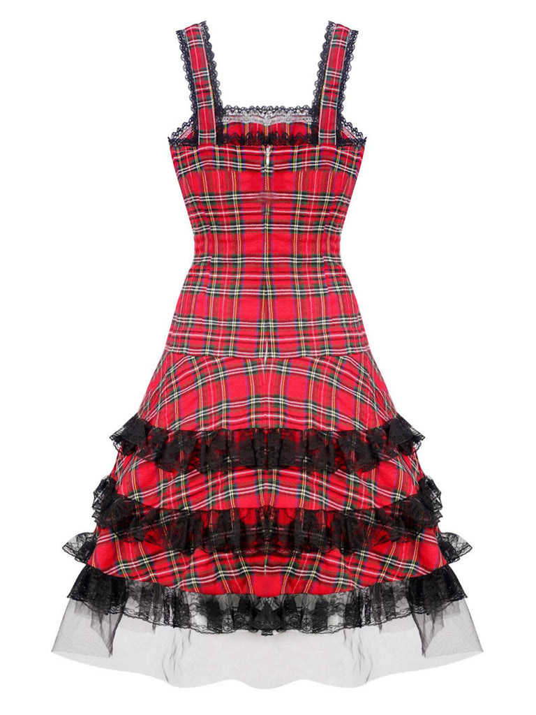 Robe rouge à lacets et bretelles larges en tartan écossais années 1960