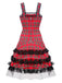 Robe rouge à lacets et bretelles larges en tartan écossais années 1960