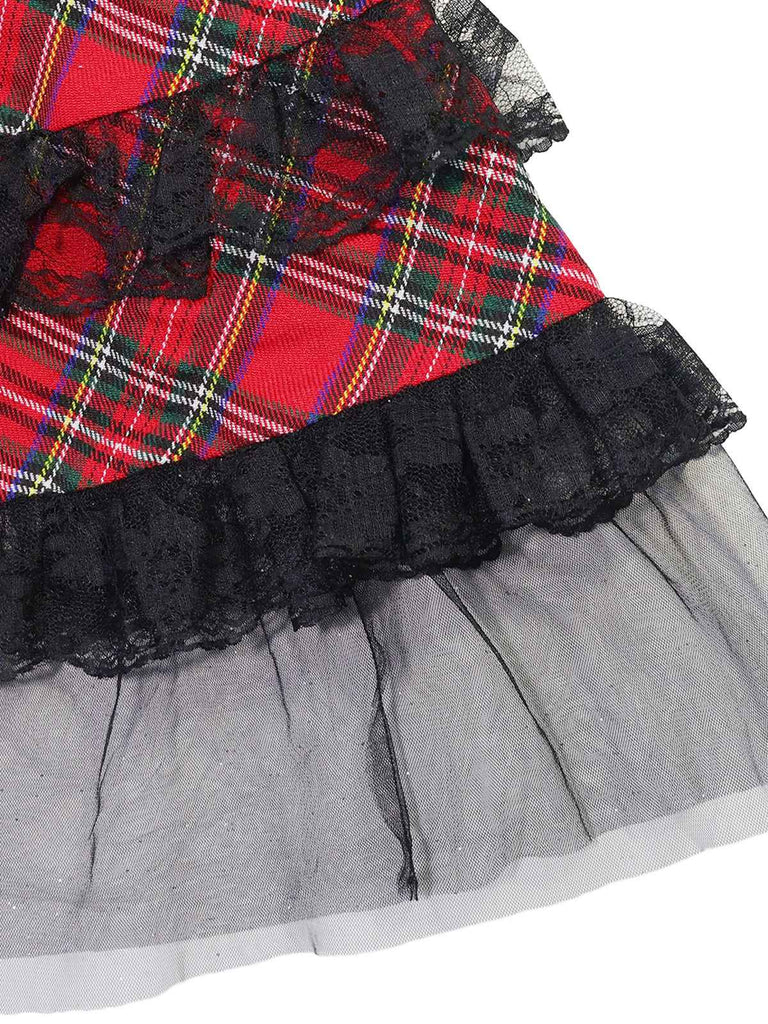 Robe rouge à lacets et bretelles larges en tartan écossais années 1960