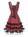 Robe rouge à lacets et bretelles larges en tartan écossais années 1960