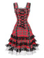 Robe rouge à lacets et bretelles larges en tartan écossais années 1960