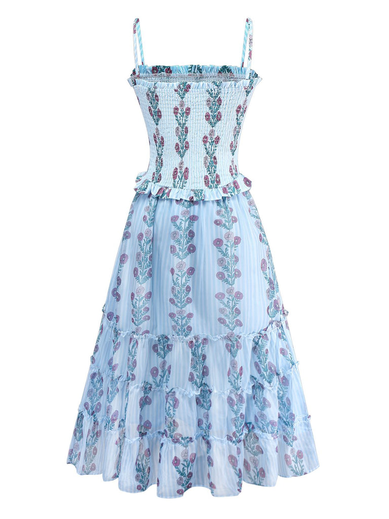 Robe de maille marguerite à bretelles à smocks des années 1940