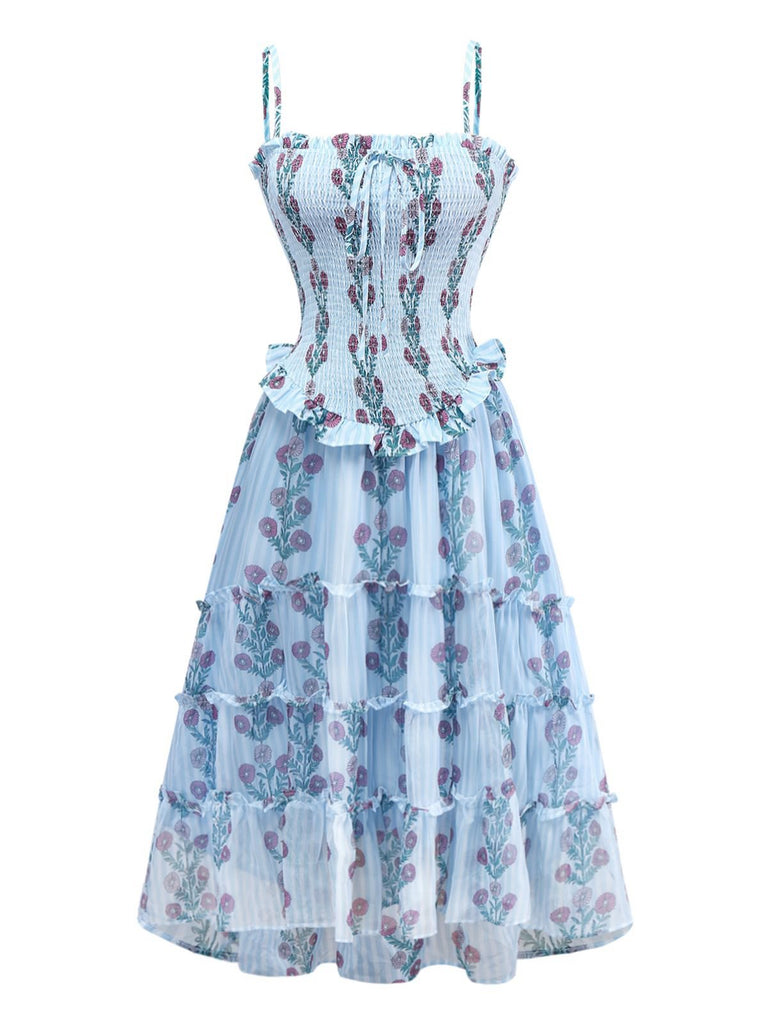 Robe de maille marguerite à bretelles à smocks des années 1940