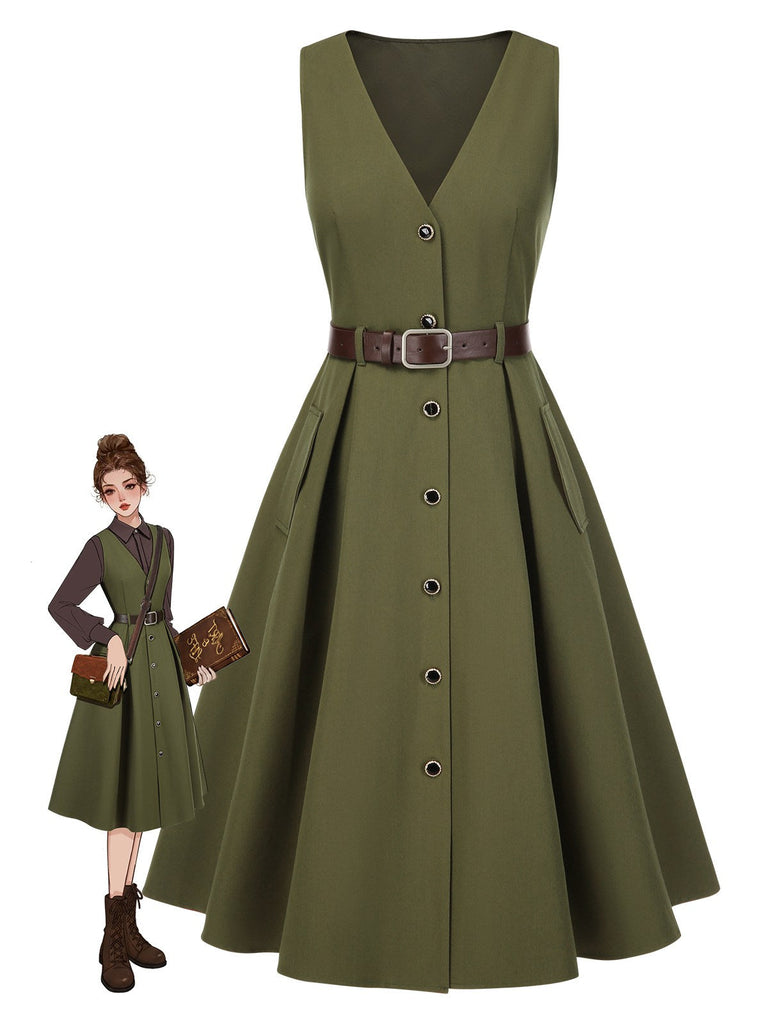 Robe gilet verte à col en V et poches ceinturée des années 1950