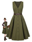 Robe gilet verte à col en V et poches ceinturée des années 1950