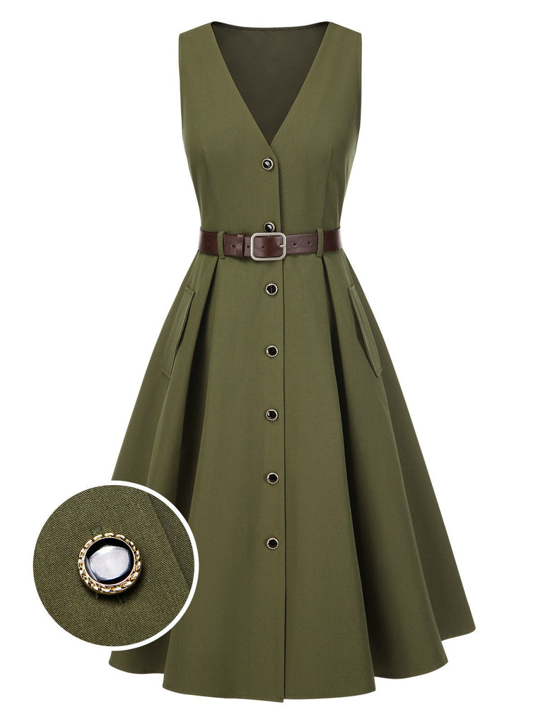 Robe gilet verte à col en V et poches ceinturée des années 1950