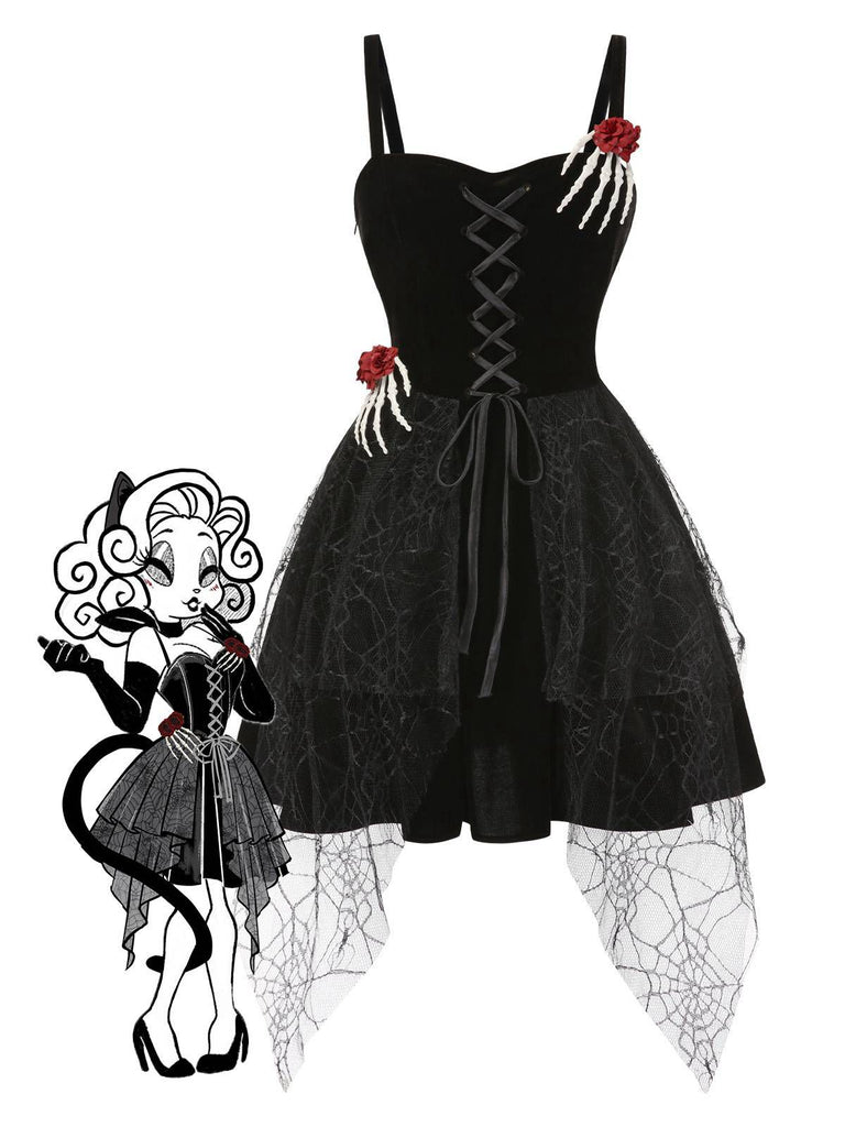 Robe noire d'Halloween avec decor de main de squelette et roses années 1950