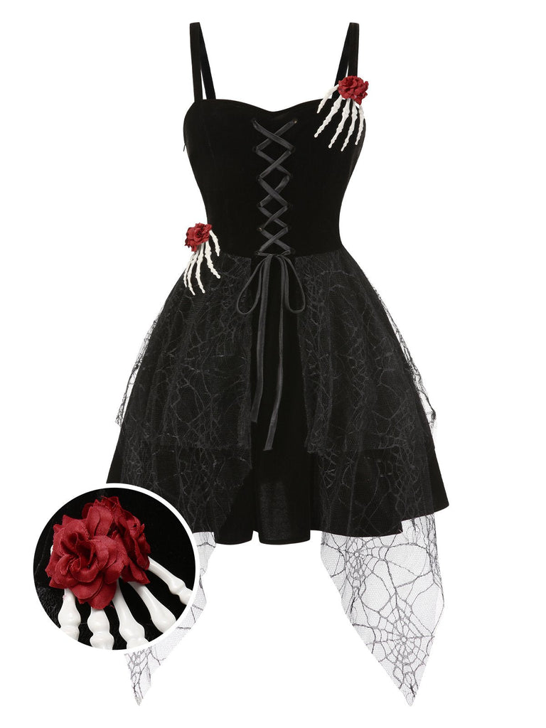 Robe noire d'Halloween avec decor de main de squelette et roses années 1950