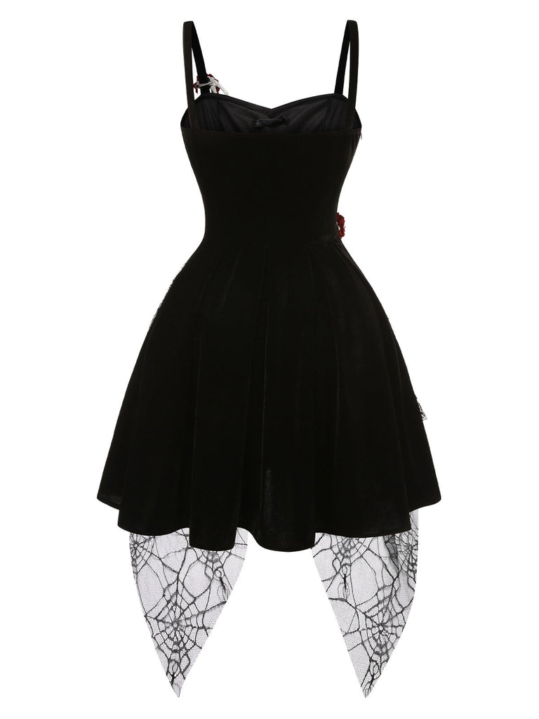Robe noire d'Halloween avec decor de main de squelette et roses années 1950