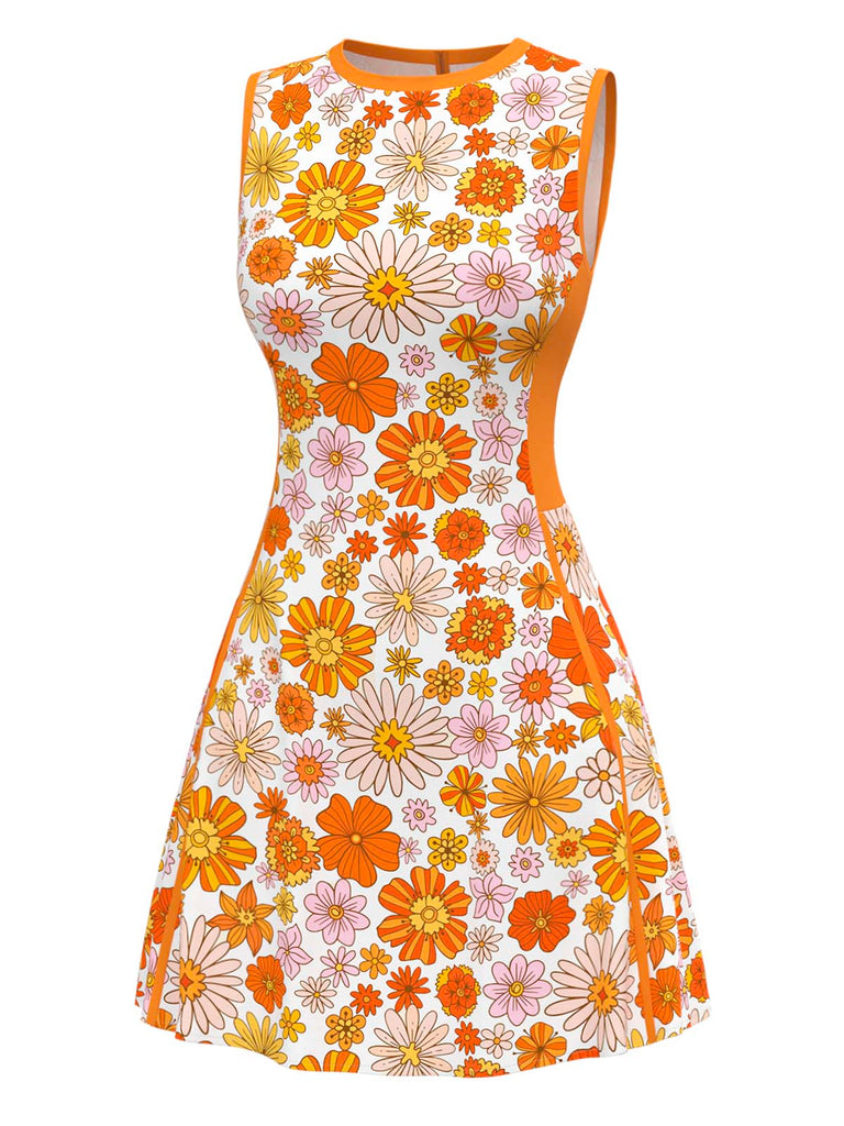 Robe orange marguerites sans manches années 1960