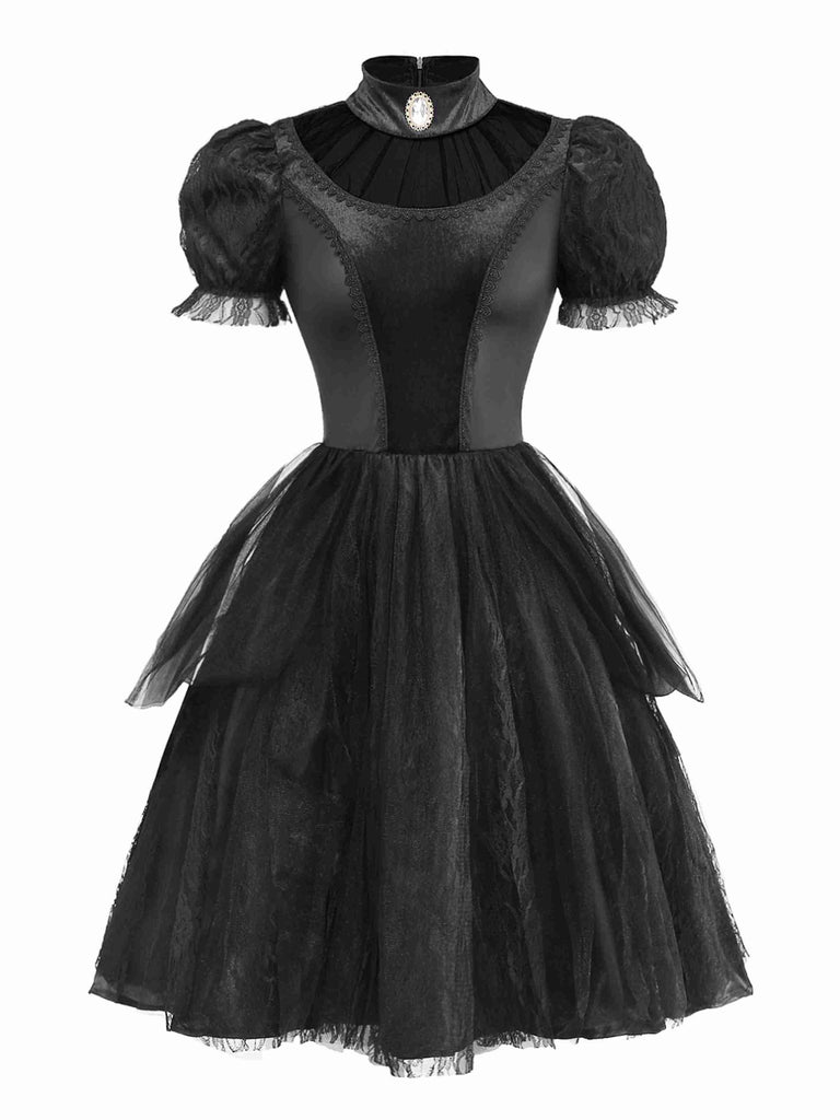 Robe noire en maille à manches bouffantes style vampire années 1950
