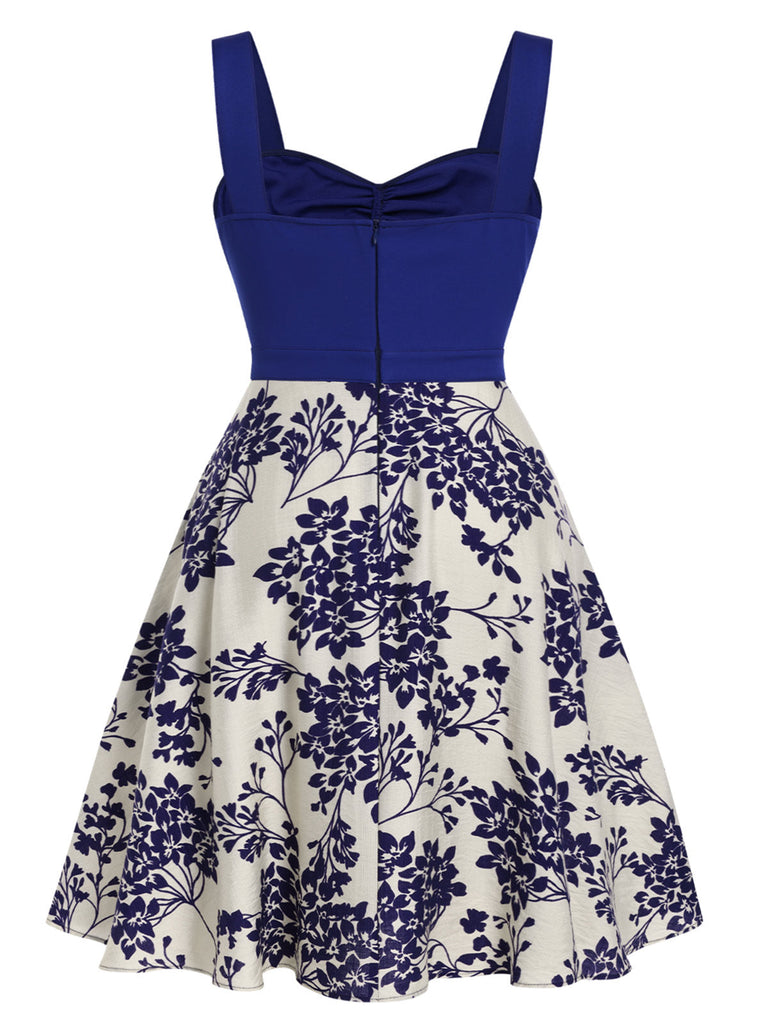 [Grande Taille] Robe bleu à col en cœur et boutons fleuris des années 1950