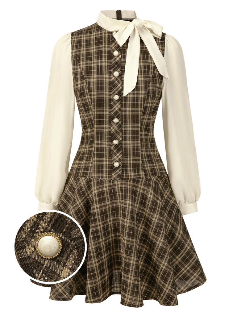 Robe trapèze marron à carreaux avec nœud années 1960